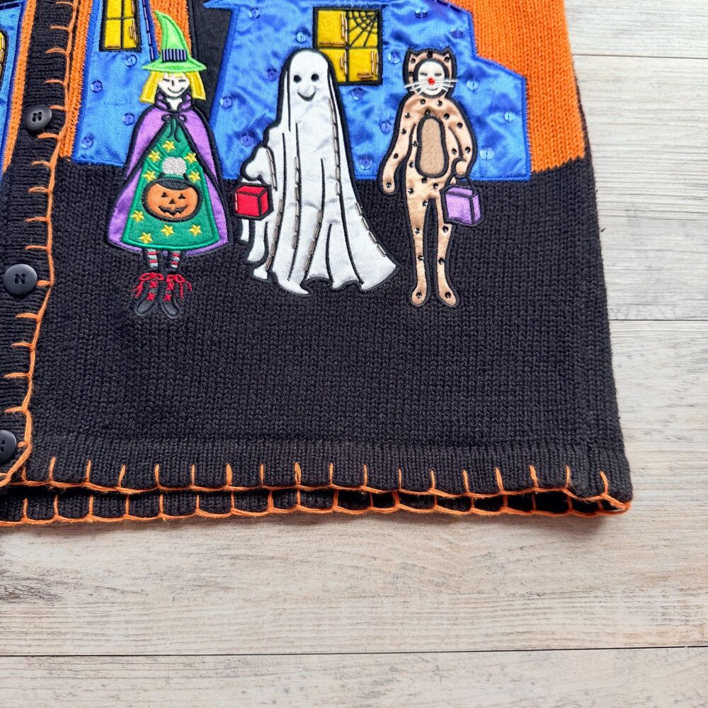 Vintage Halloween Sweater Vest Large Trick or Treat Haunted House 90s Kitschy - Picture 3 of 11